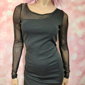 Y2K black Mesh Sleeve Bodycon Dress Size M Stretch Above Knee Goth Grunge 2000s